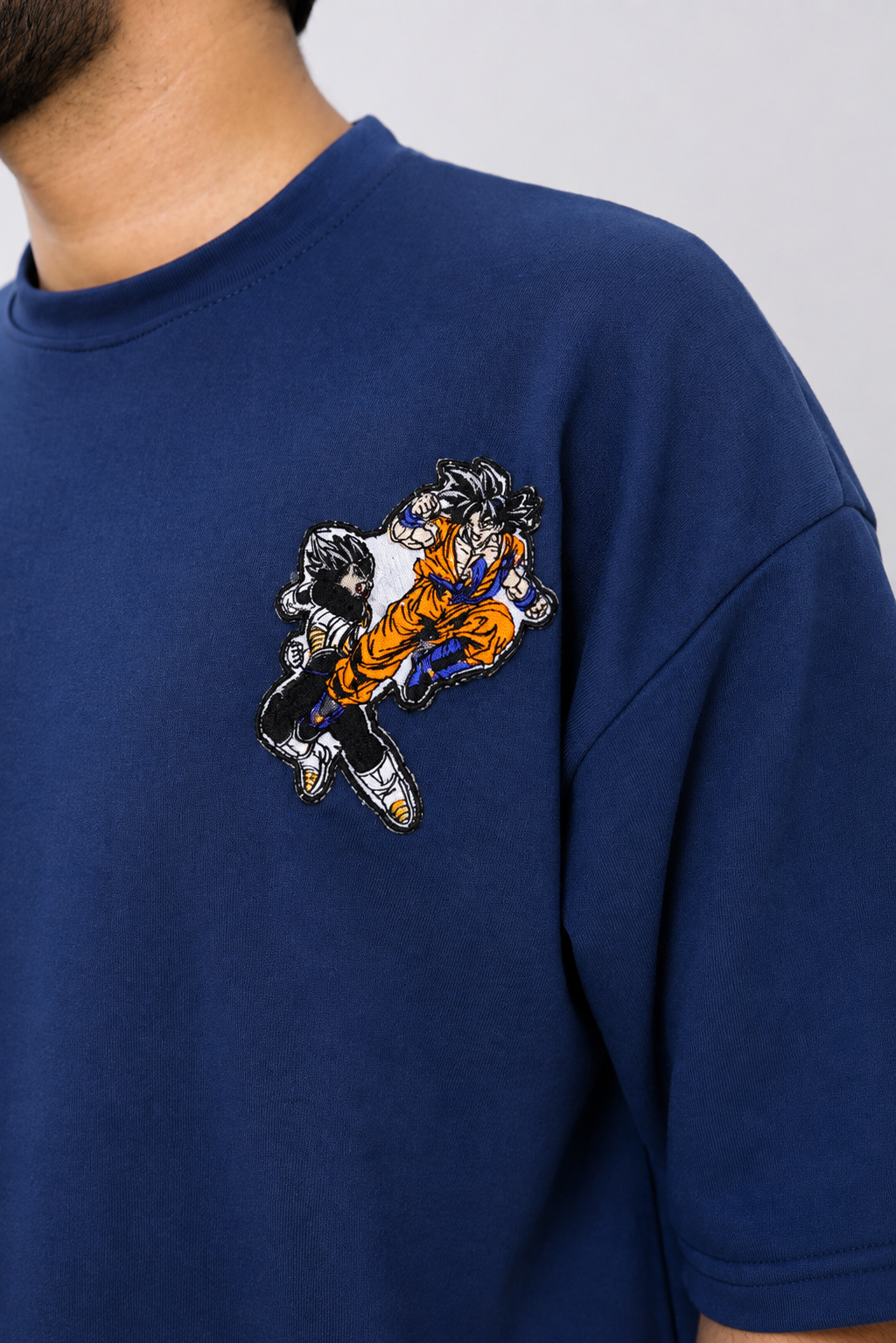 Embroidered Goku vs Vegeta Oversized T-Shirt - Blue