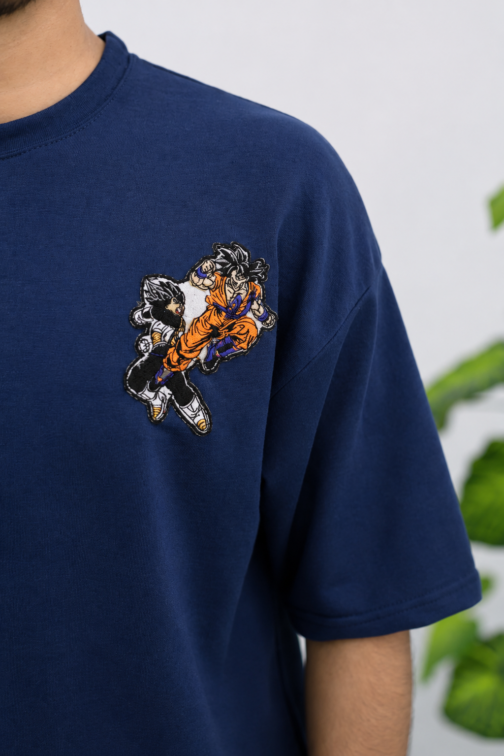 Embroidered Goku vs Vegeta Oversized T-Shirt - Blue