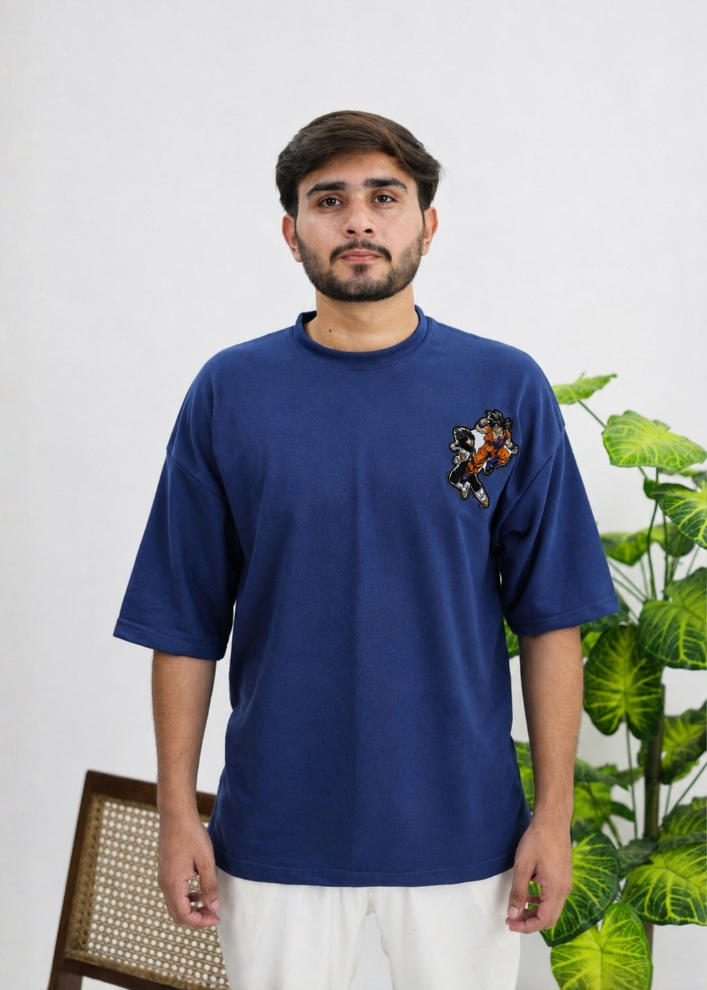 Embroidered Goku vs Vegeta Oversized T-Shirt - Blue