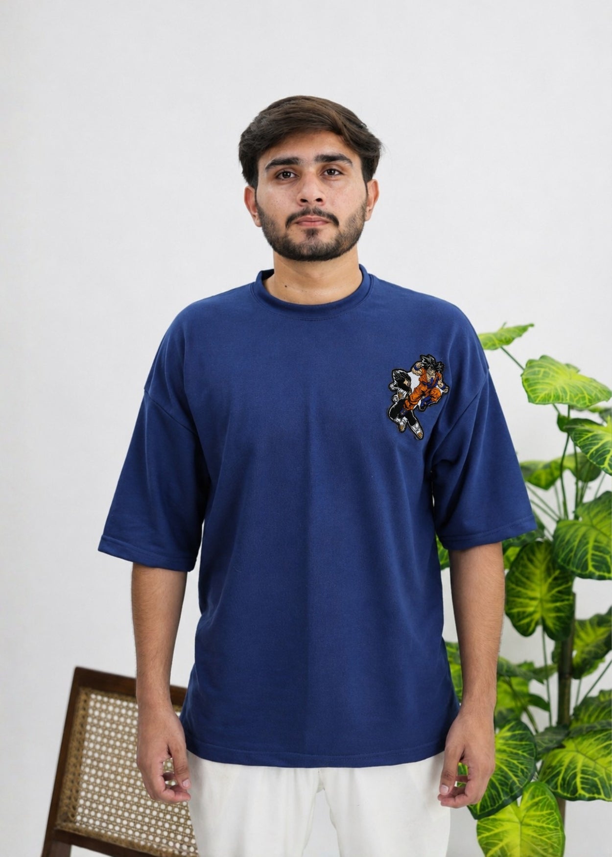 Embroidered Goku vs Vegeta Oversized T-Shirt - Blue