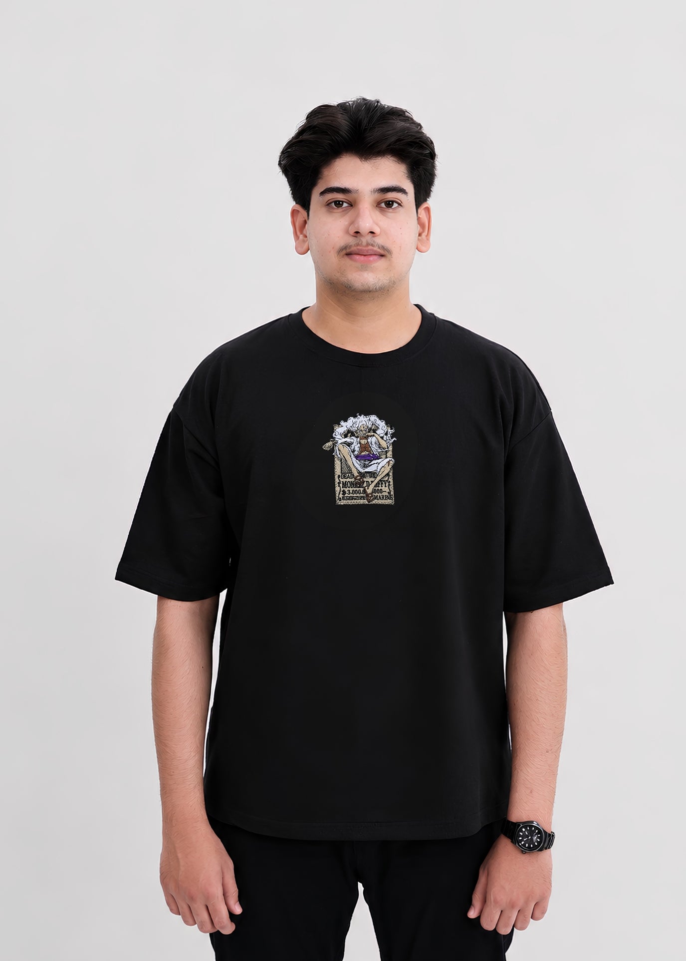 Embroidered Monkey D. Luffy Oversized T-Shirt - Black