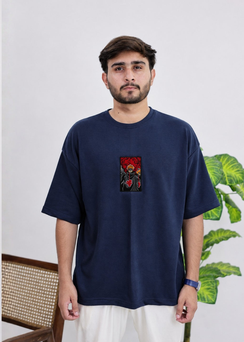 Pain Embroidered Oversized T-Shirt – Navy Blue