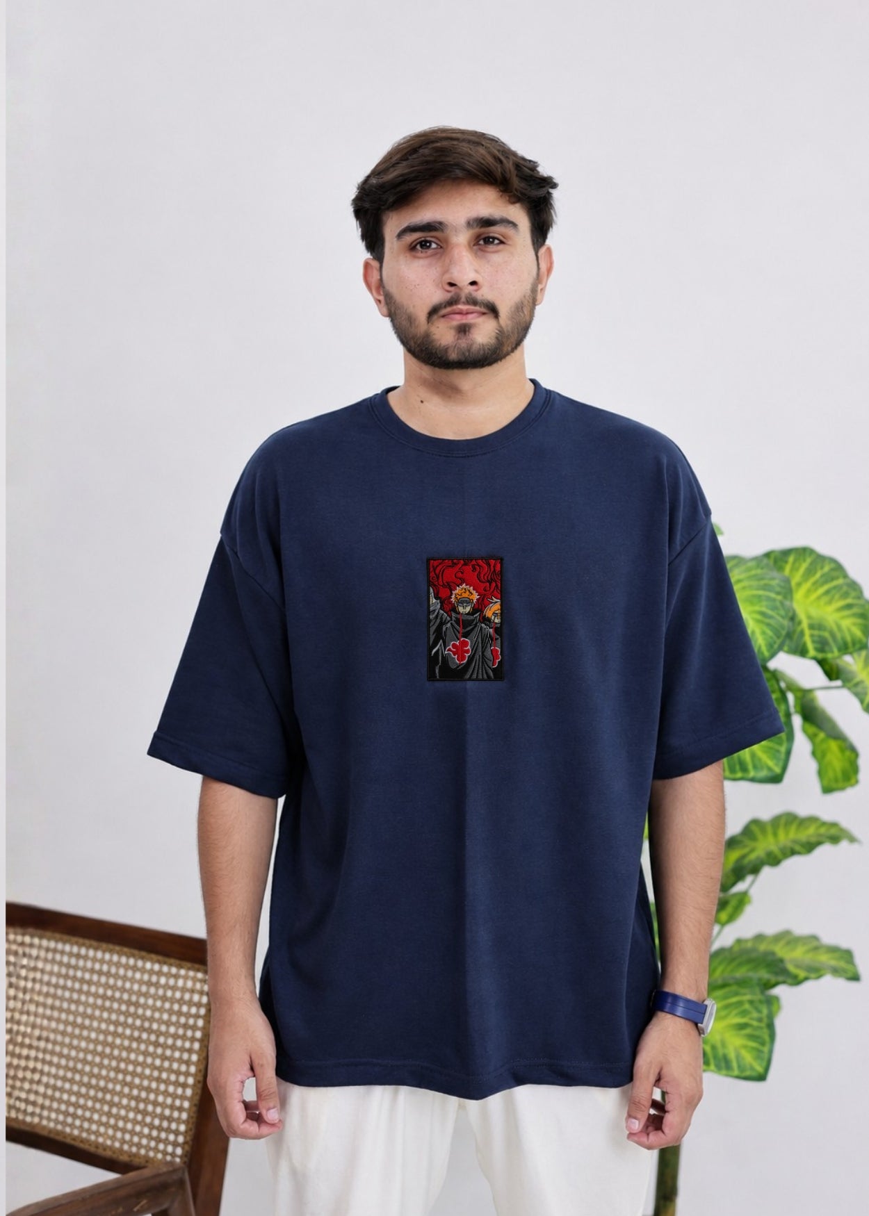 Pain Embroidered Oversized T-Shirt – Navy Blue