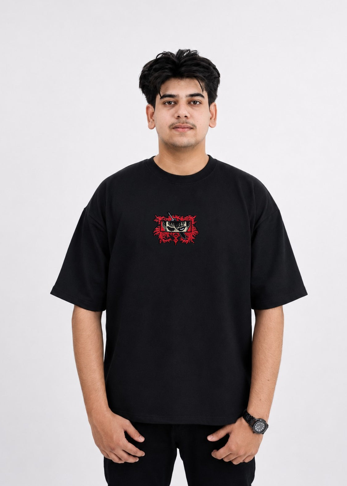 Embroidered Shadow Eyes Oversized T-Shirt - Black